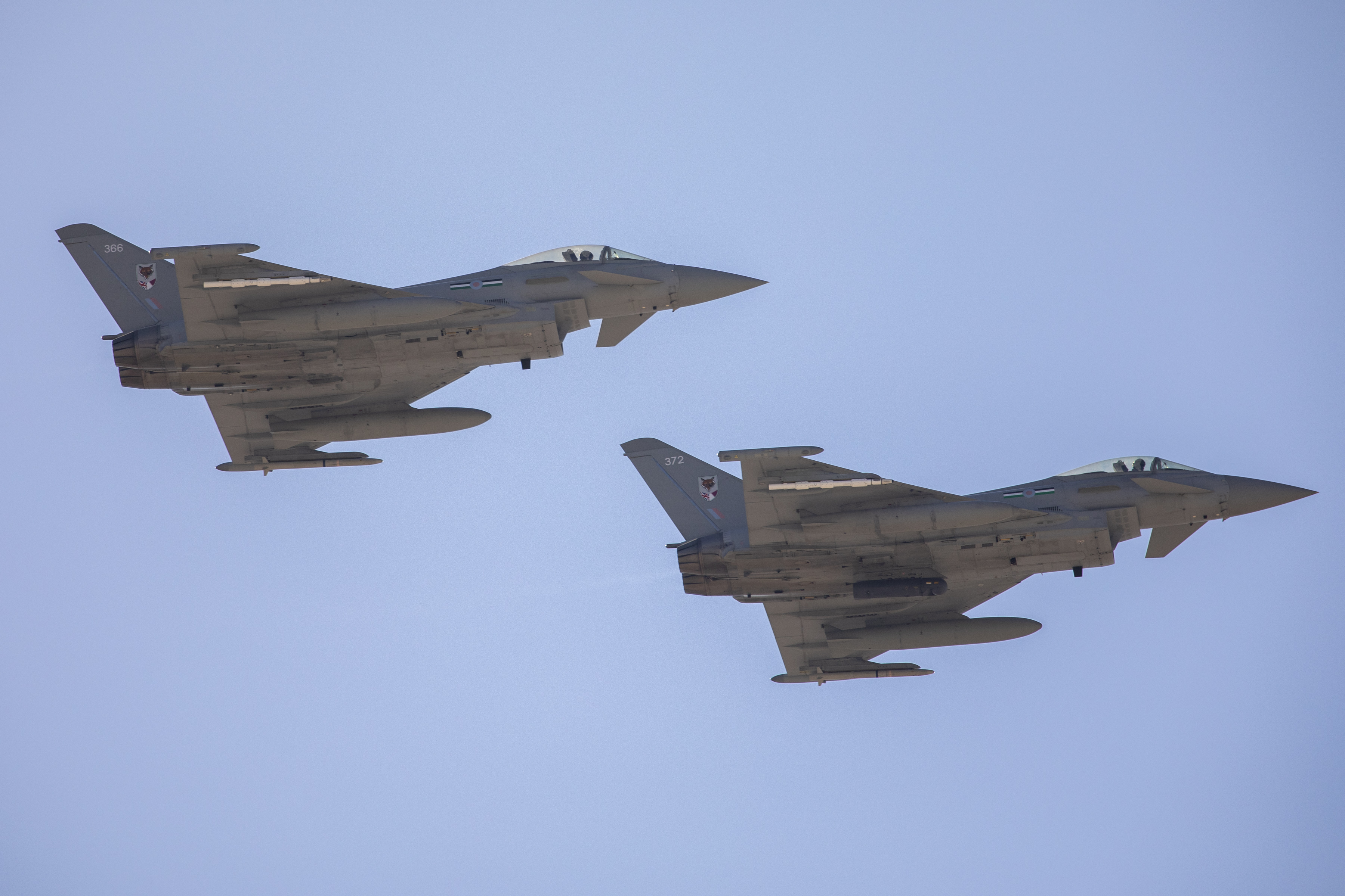Image shows two Typhoons in flight.